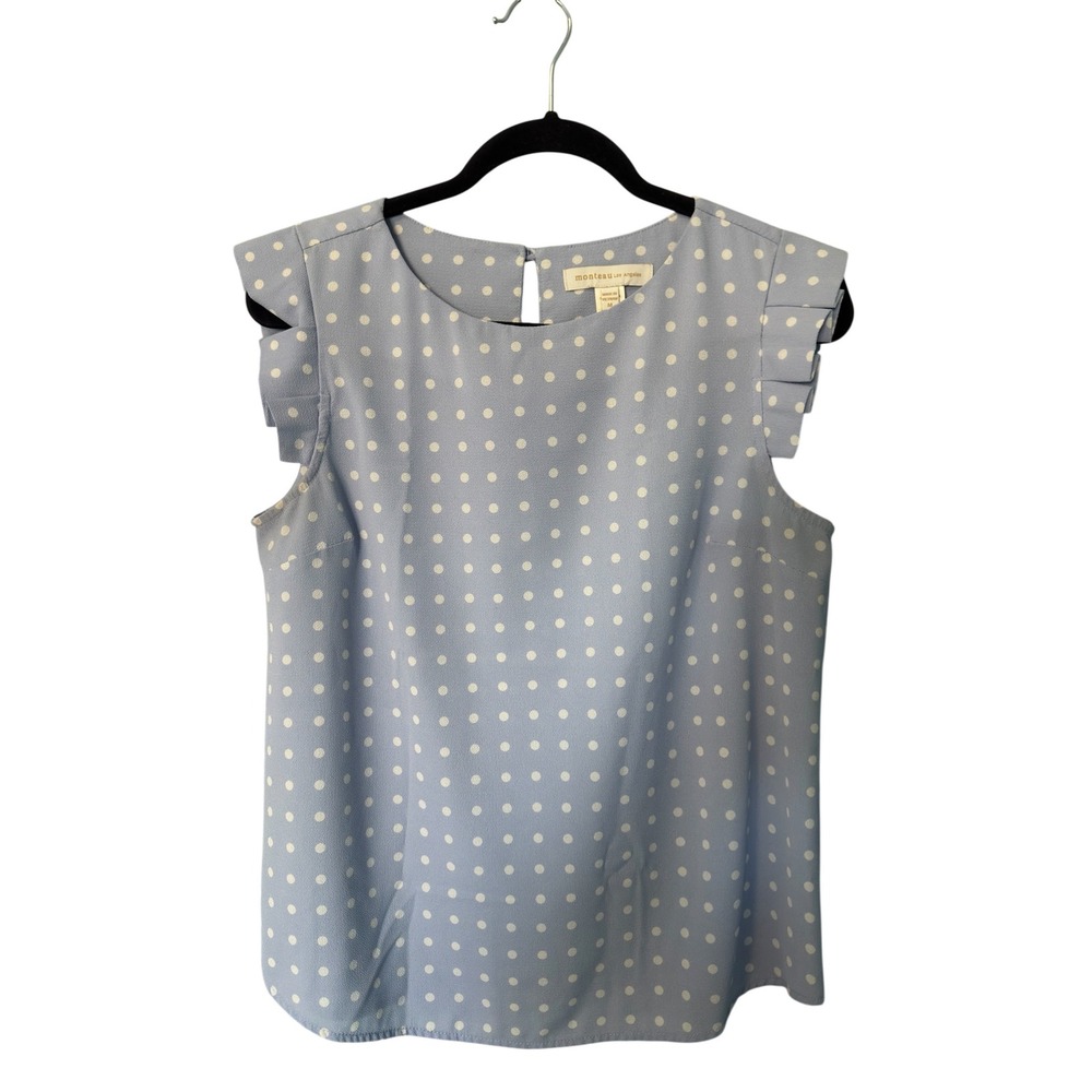 Monteau Los Angeles Blue Polka Dot Ruffle Sleeve Blouse Top Womens Medium